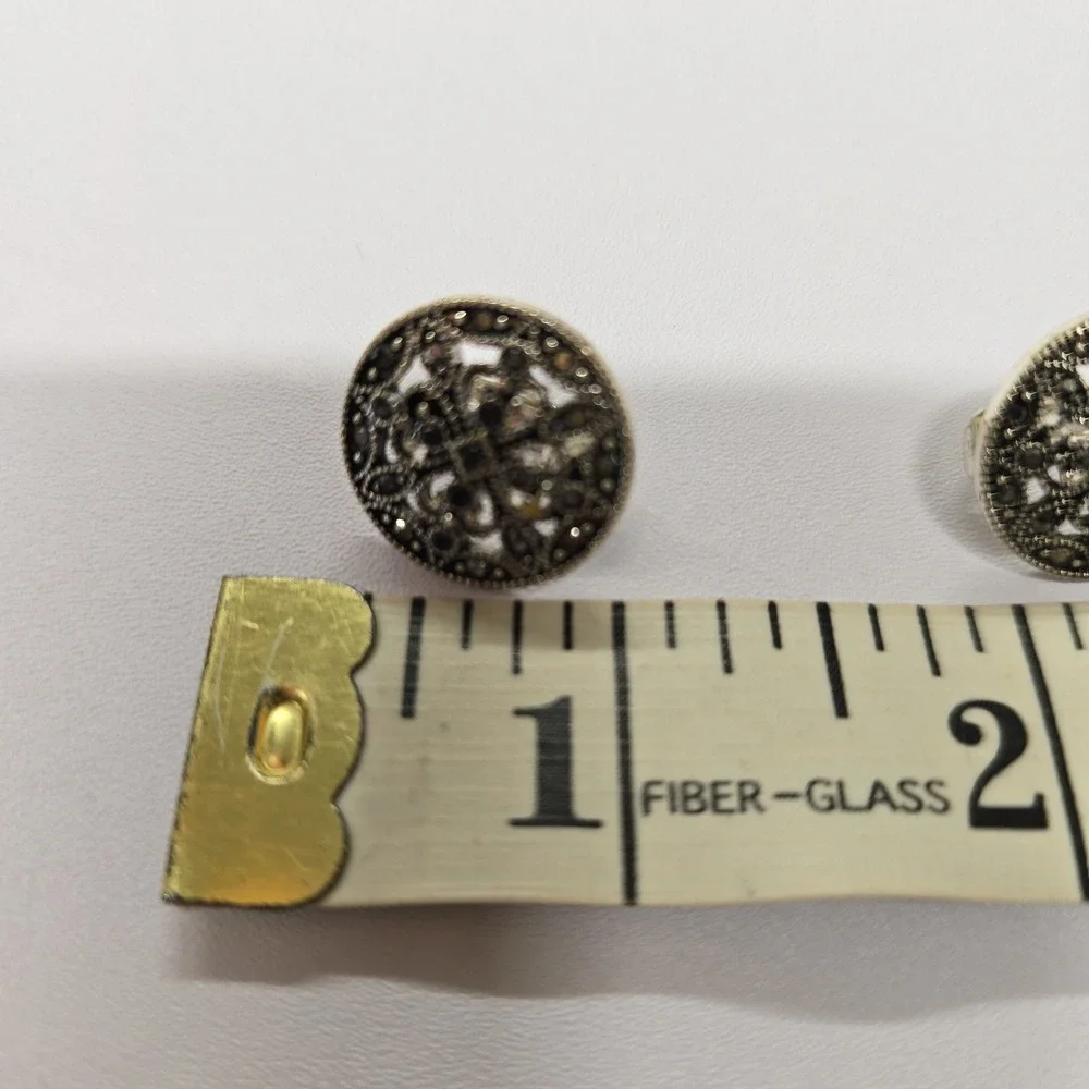 Vintage Round Filigree Marcasite‎ Clip On Earrings Silver Tone Art Deco Style